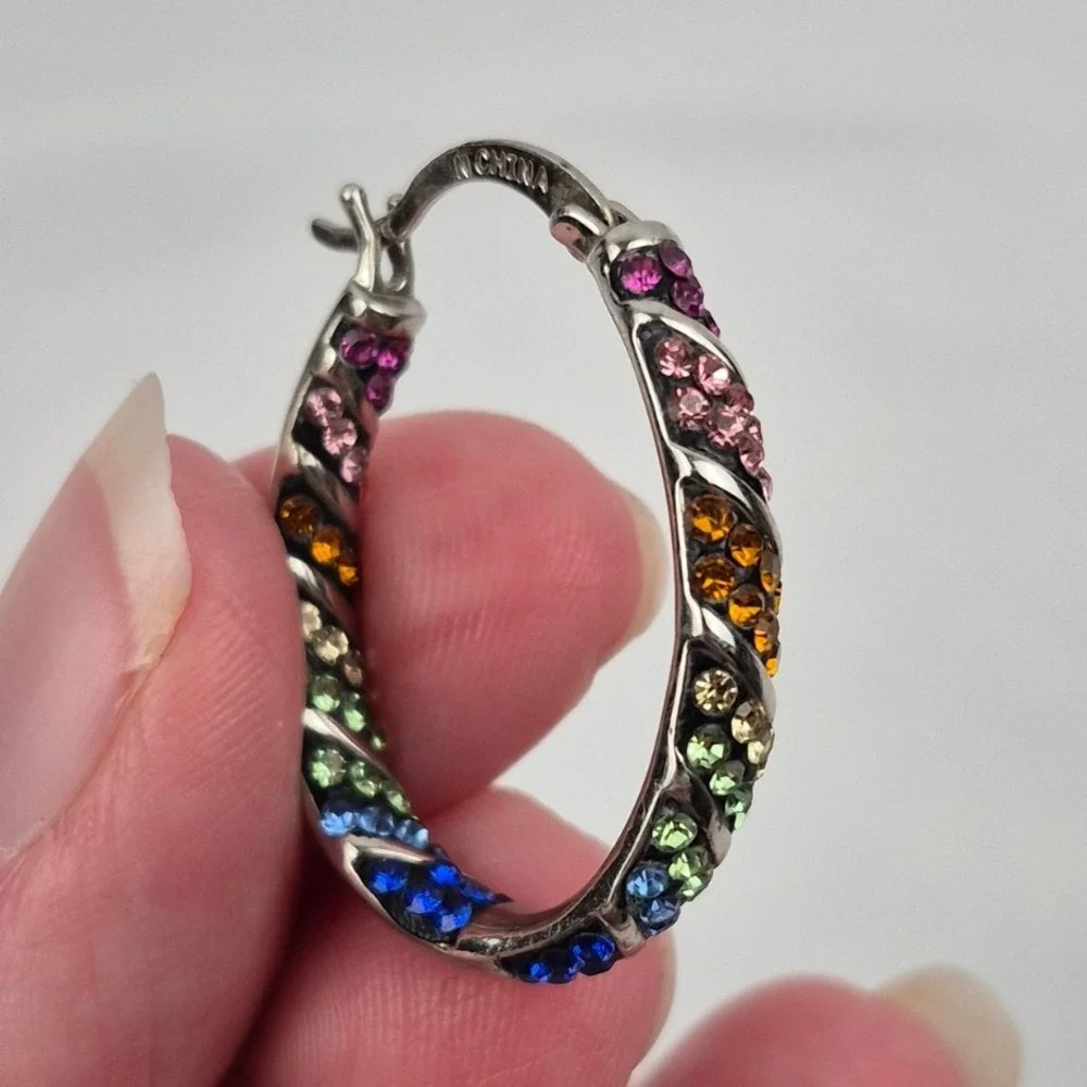 Rainbow CZ Hoop Earrings Set with Adjustable‎ Bolo Bracelet Pride Sparkly Glam